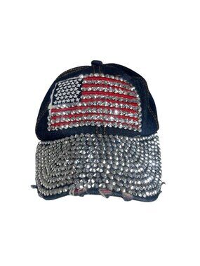 American Flag Rhinestone Denim Cap OS Adjustable Strap Wild Wear
